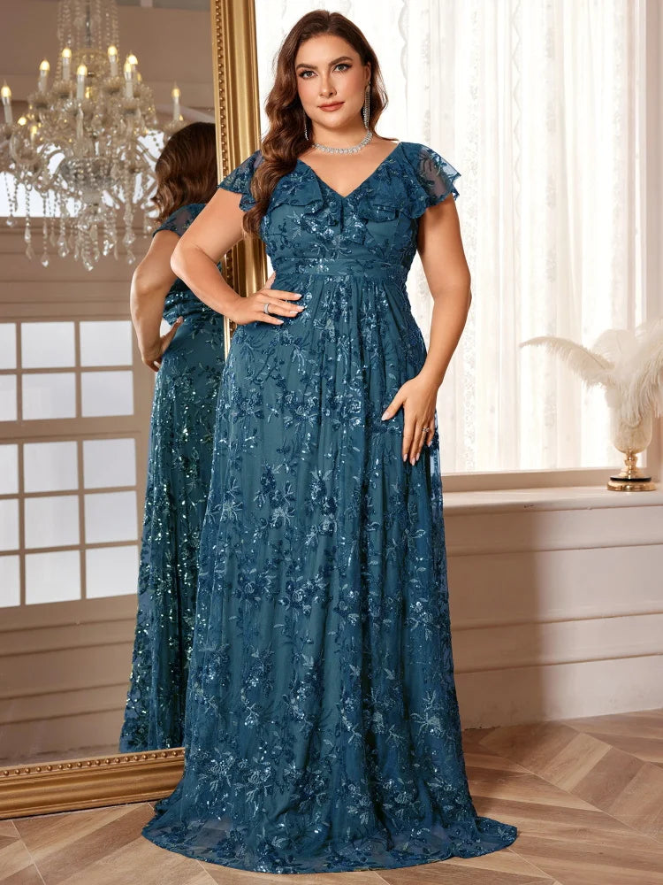 BluePlum Elegant Plus Size V-Neck Evening Dress | Blue Plum - Blue Plum