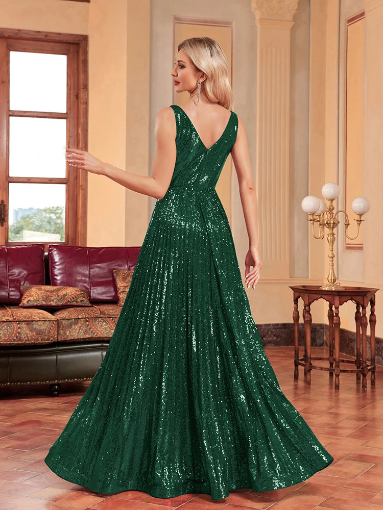 Luxury Luxury V-Neck Sleeveless Green Evening Dress Women Sequins Wedding Party Prom Maxi Cocktail Dresses Long Lenght Vestidos | Blue Plum - Blue Plum