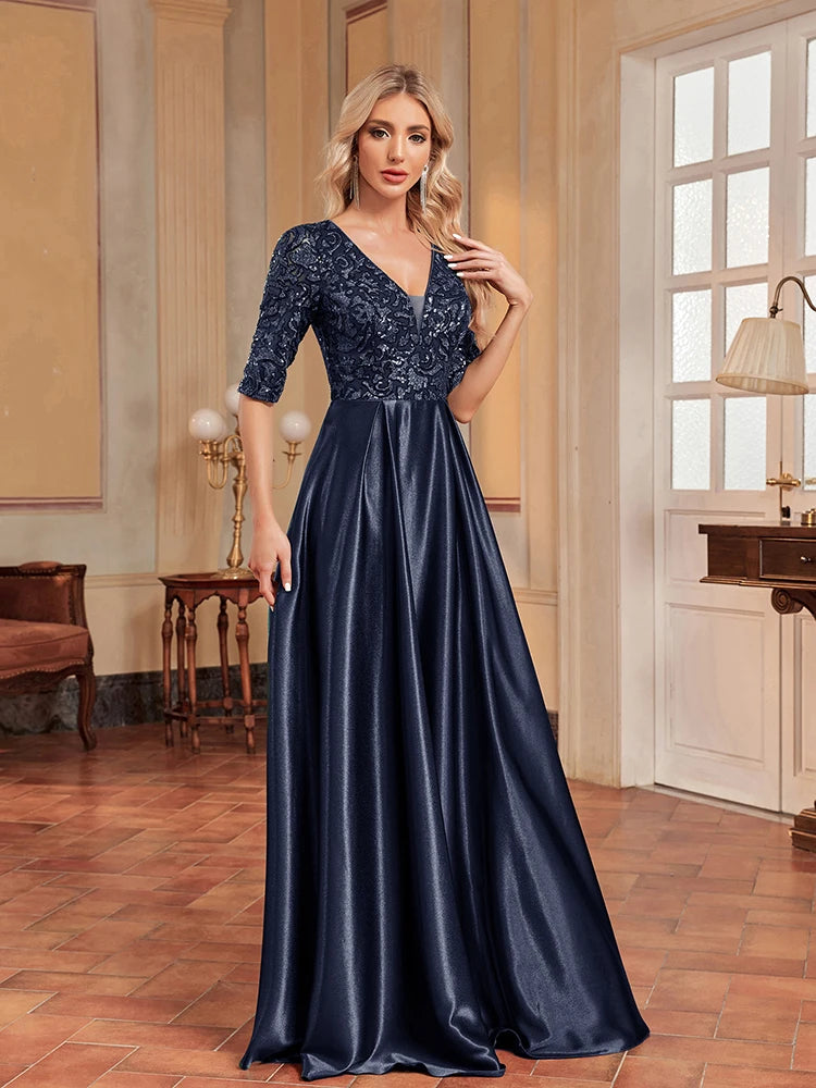 BluePlum Elegant Short Sleeve Blue Sequins Evening Dress Women Satin Sexy V-neck Wedding Party Prom Cocktail Floor Lenght Dresses | Blue Plum - Blue Plum