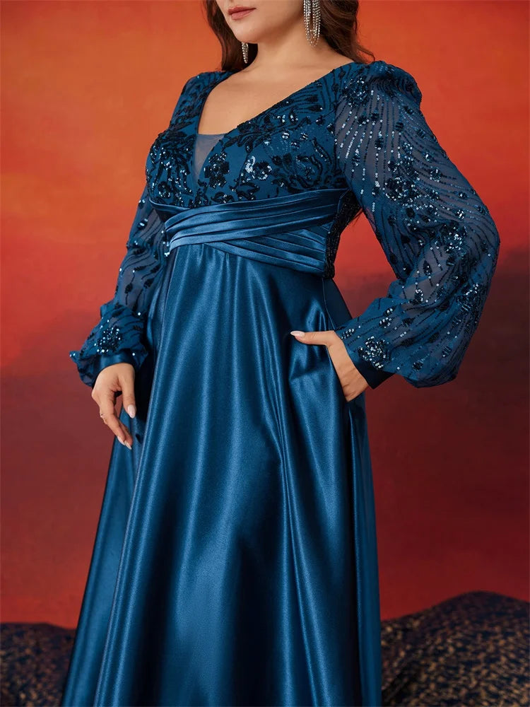 Luxury Blue Satin V-Neck Evening Dress - Plus Size | Blue Plum - Blue Plum
