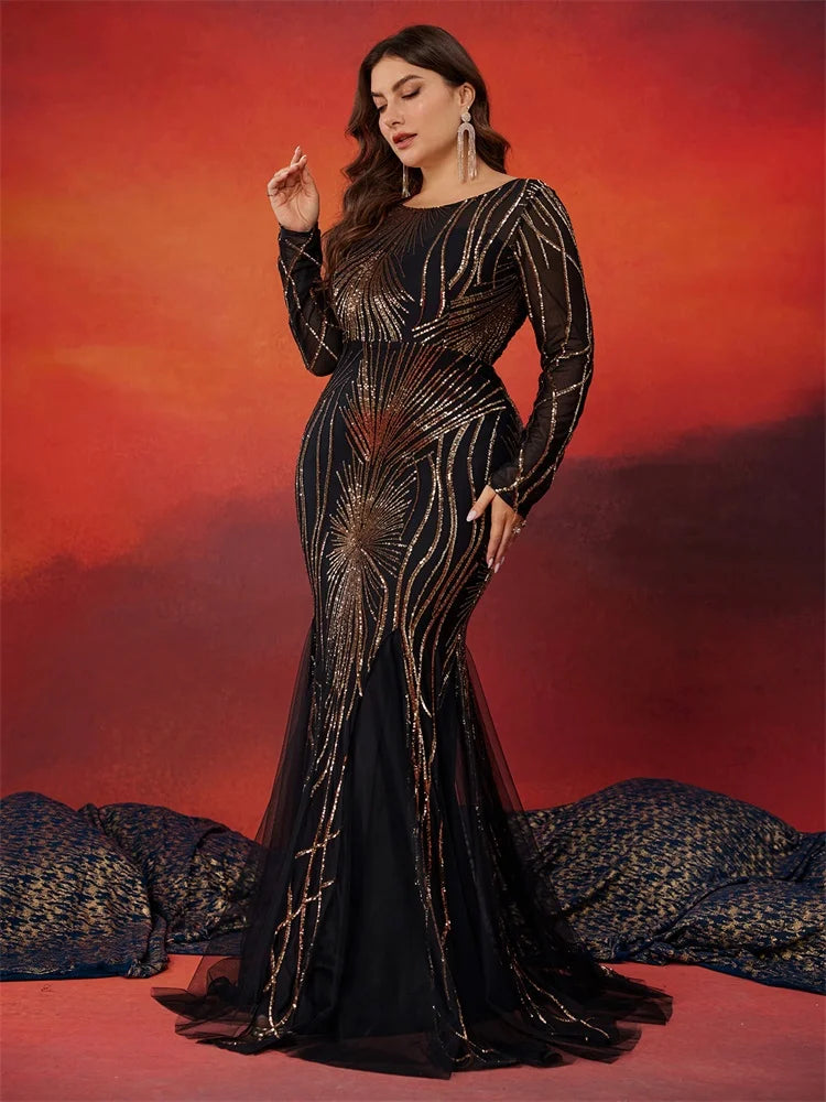 BluePlum Plus Size Elegant Long Sleeves Black Sequins Evening Dresses Women Luxury Mermaid Formal Party Maxi Prom Dress Gown | Blue Plum - Blue Plum