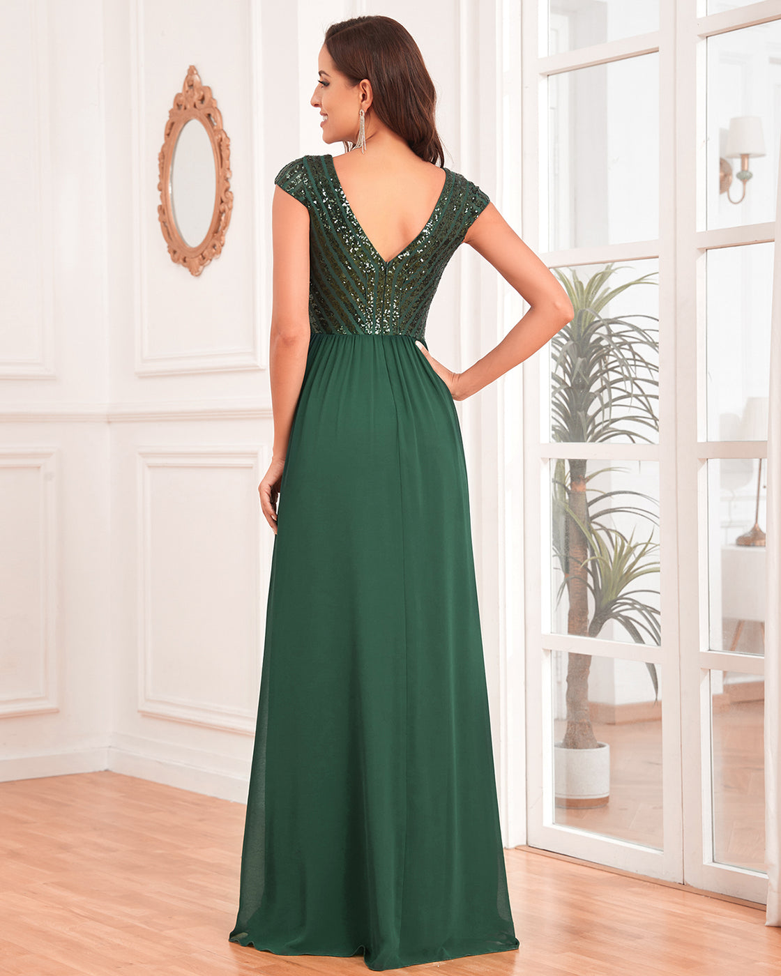 BluePlum Elegant Sequins Sleeveless Evening Dress Women 2024 V Neck Green Wedding Party Graduation Prom Chiffon Cocktail Gowns | Blue Plum