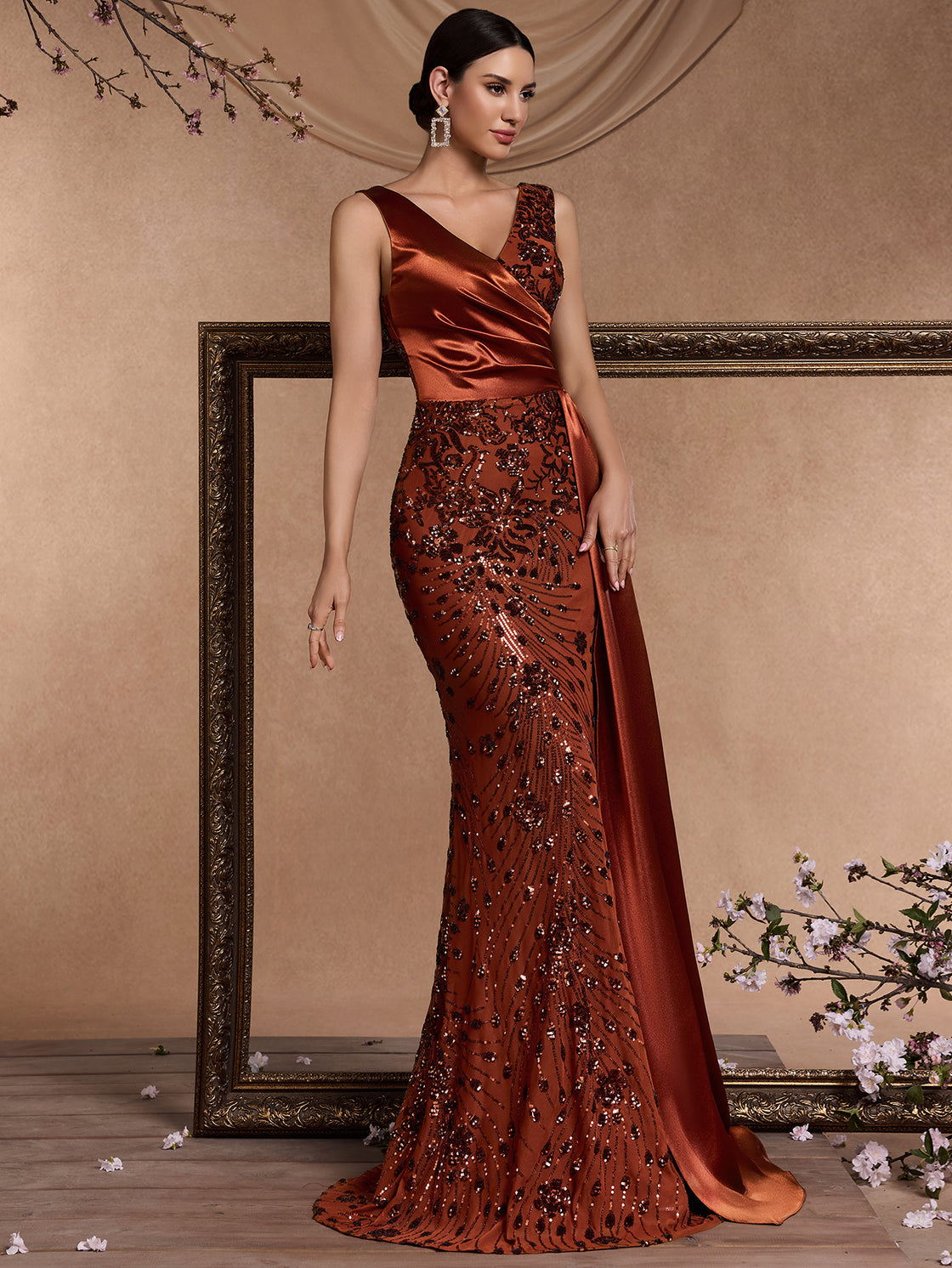Ladies in spring and summer, elegant and high-quality sequin patchwork, well-fitting V-neck, sleeveless, with a luxurious and elegant demeanor| Blue Plum