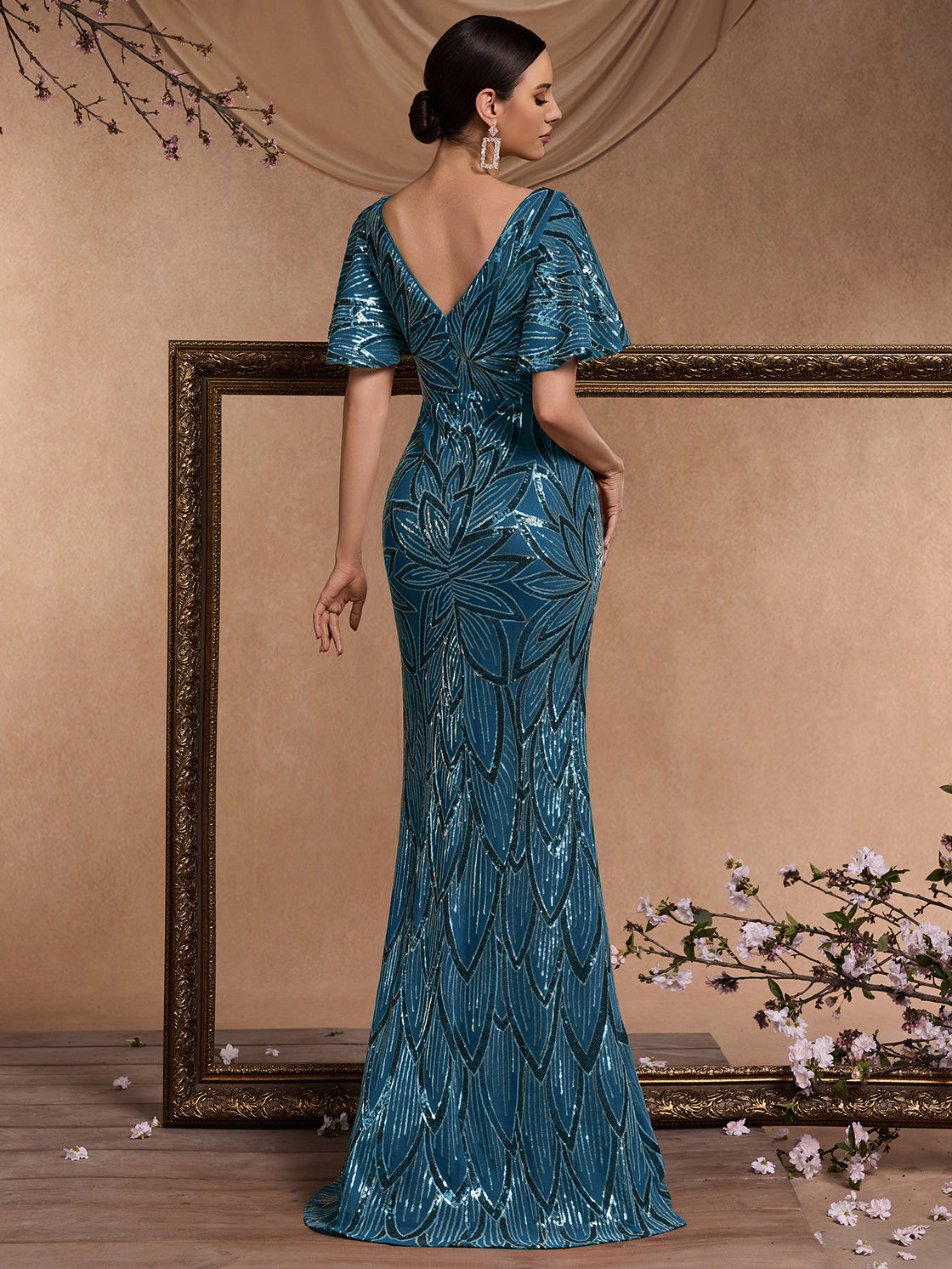 lady's elegant short-sleeved sequined V-neck dress | Blue Plum
