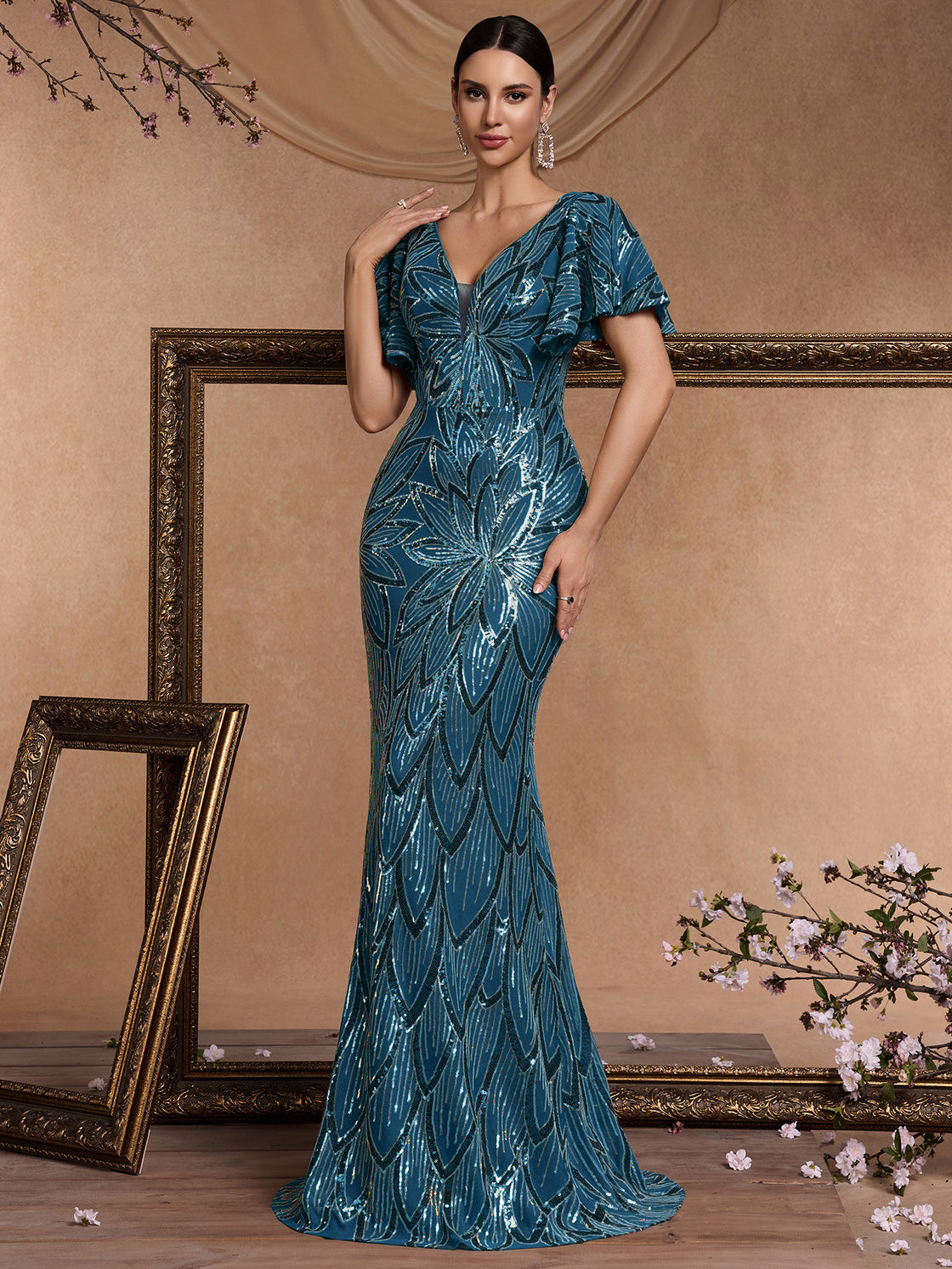 lady's elegant short-sleeved sequined V-neck dress | Blue Plum