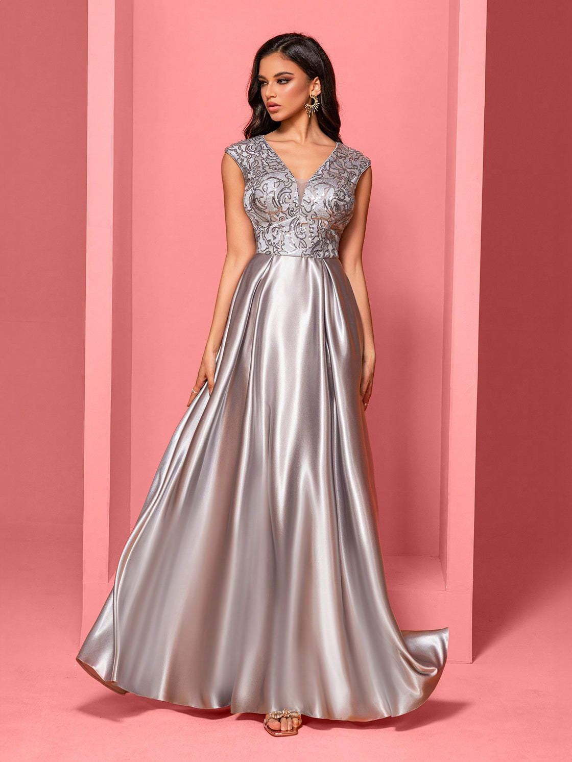 Luxury Blueplum Gold Satin V-Neck Sequin Evening Dress | Blue Plum