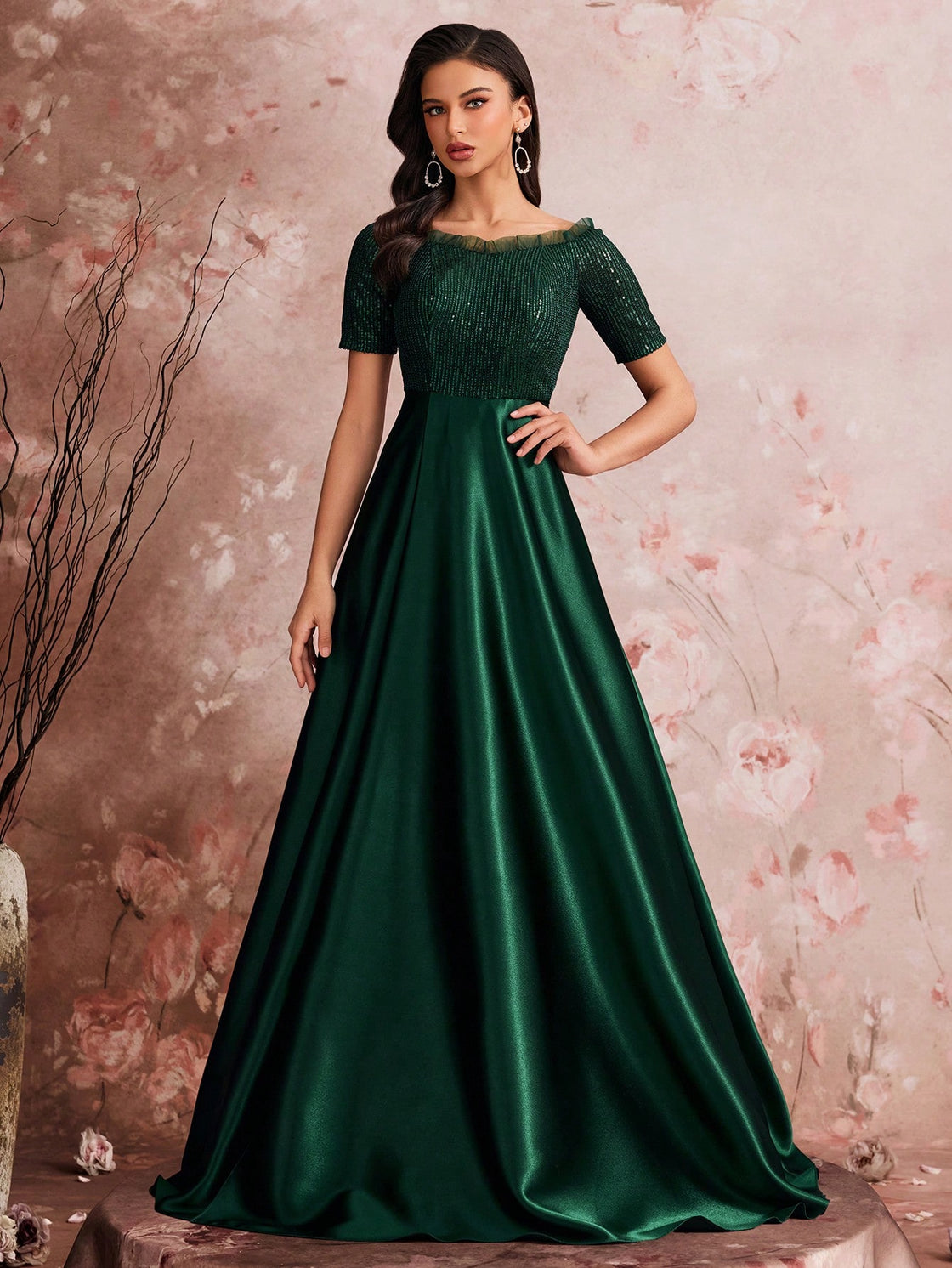High-quality sequin color patchwork round-neck short-sleeved elegant evening dress for women in spring and summer| Blue Plum