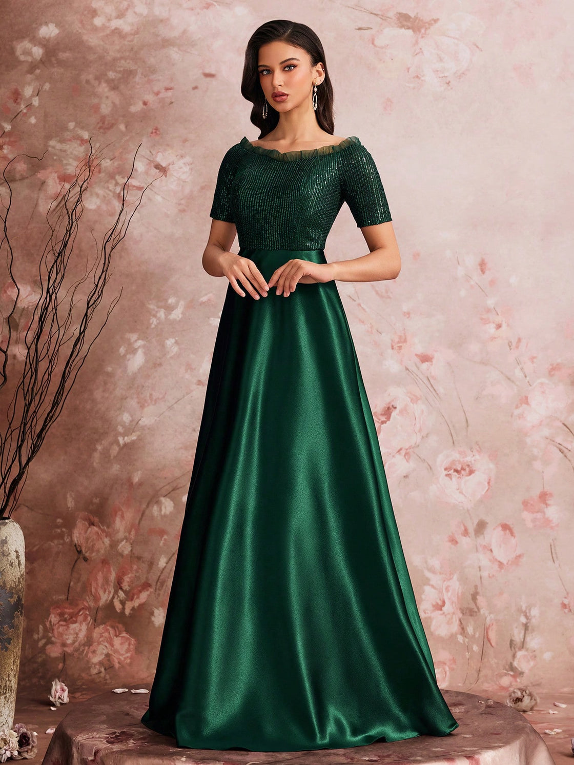 High-quality sequin color patchwork round-neck short-sleeved elegant evening dress for women in spring and summer| Blue Plum