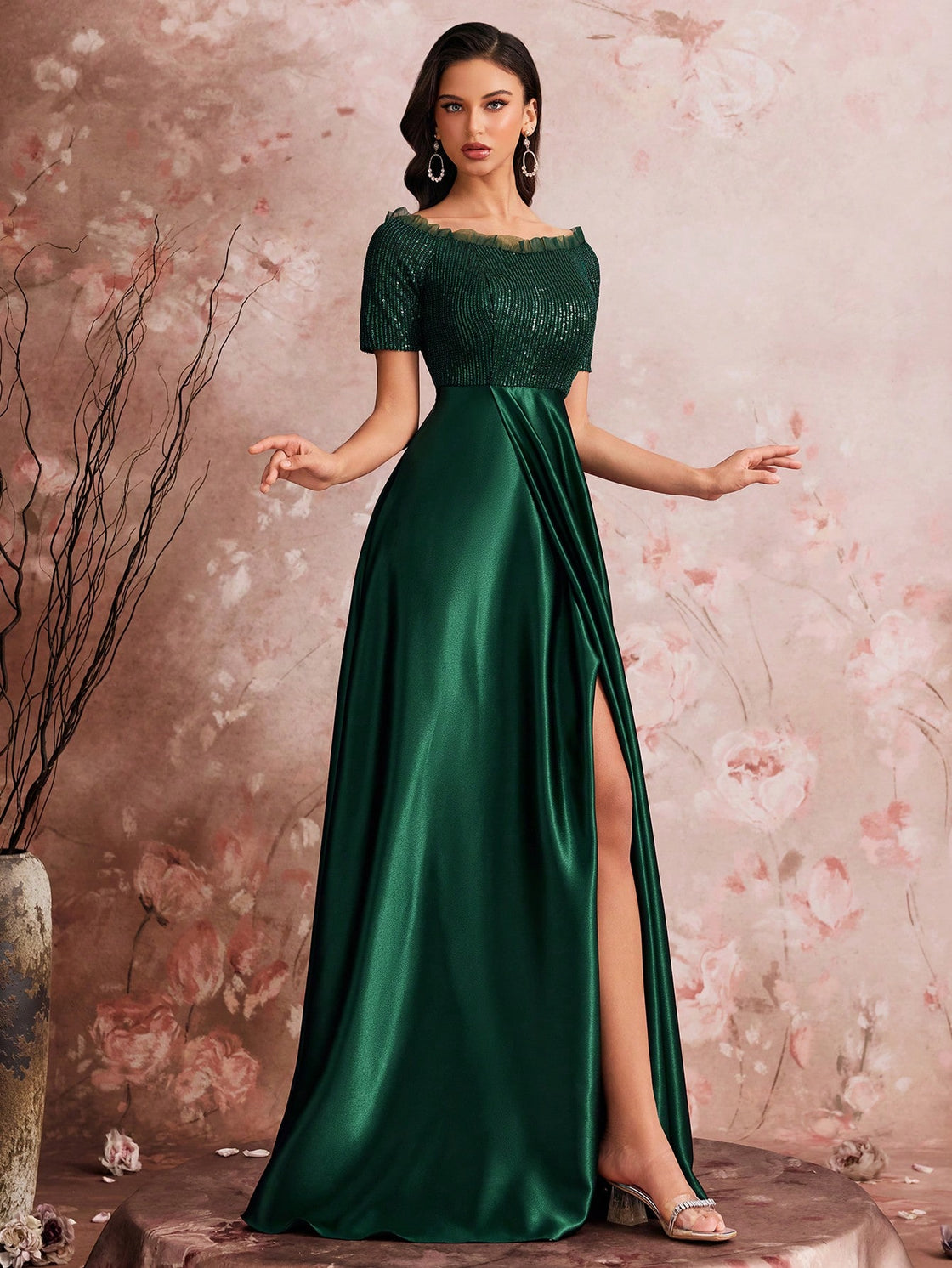 High-quality sequin color patchwork round-neck short-sleeved elegant evening dress for women in spring and summer| Blue Plum