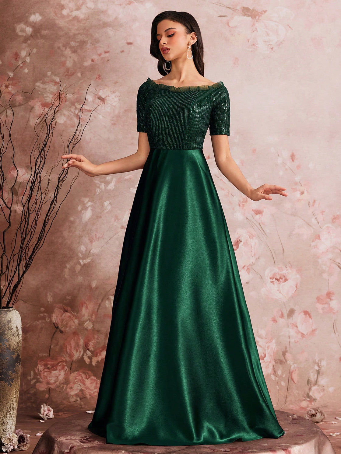 High-quality sequin color patchwork round-neck short-sleeved elegant evening dress for women in spring and summer| Blue Plum
