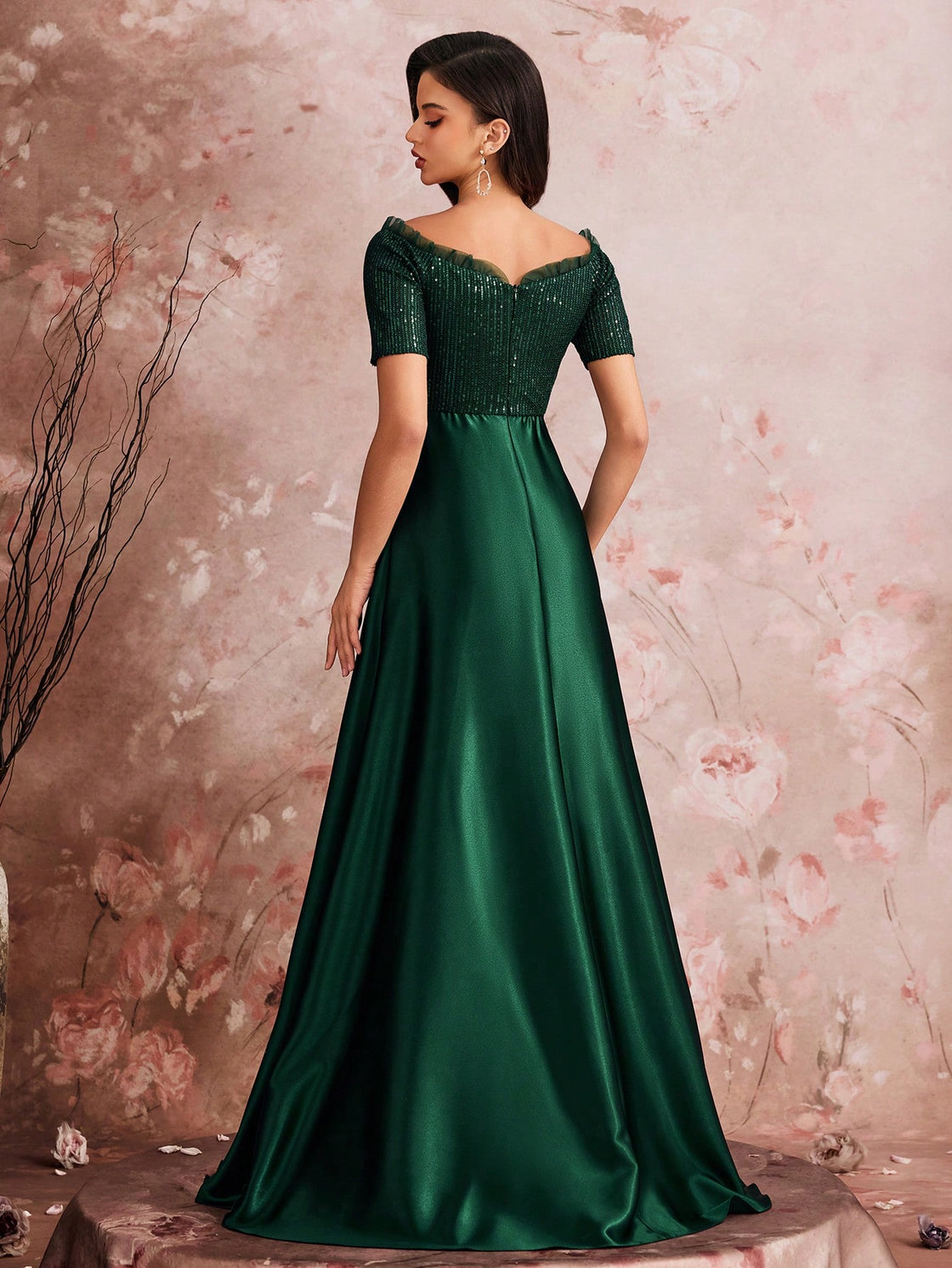 High-quality sequin color patchwork round-neck short-sleeved elegant evening dress for women in spring and summer| Blue Plum