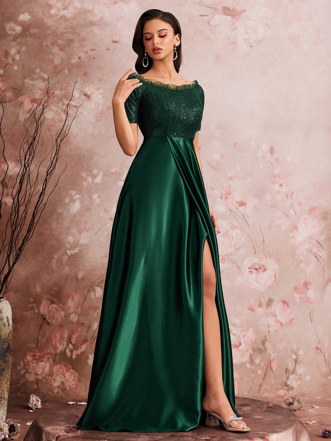 High-quality sequin color patchwork round-neck short-sleeved elegant evening dress for women in spring and summer| Blue Plum