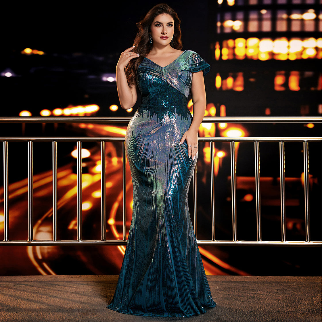 Lady's oversized V-neck, heart-shaped neckline, sequins and floor ruffles long dress- BLUEPLUM Luxury | Blue Plum