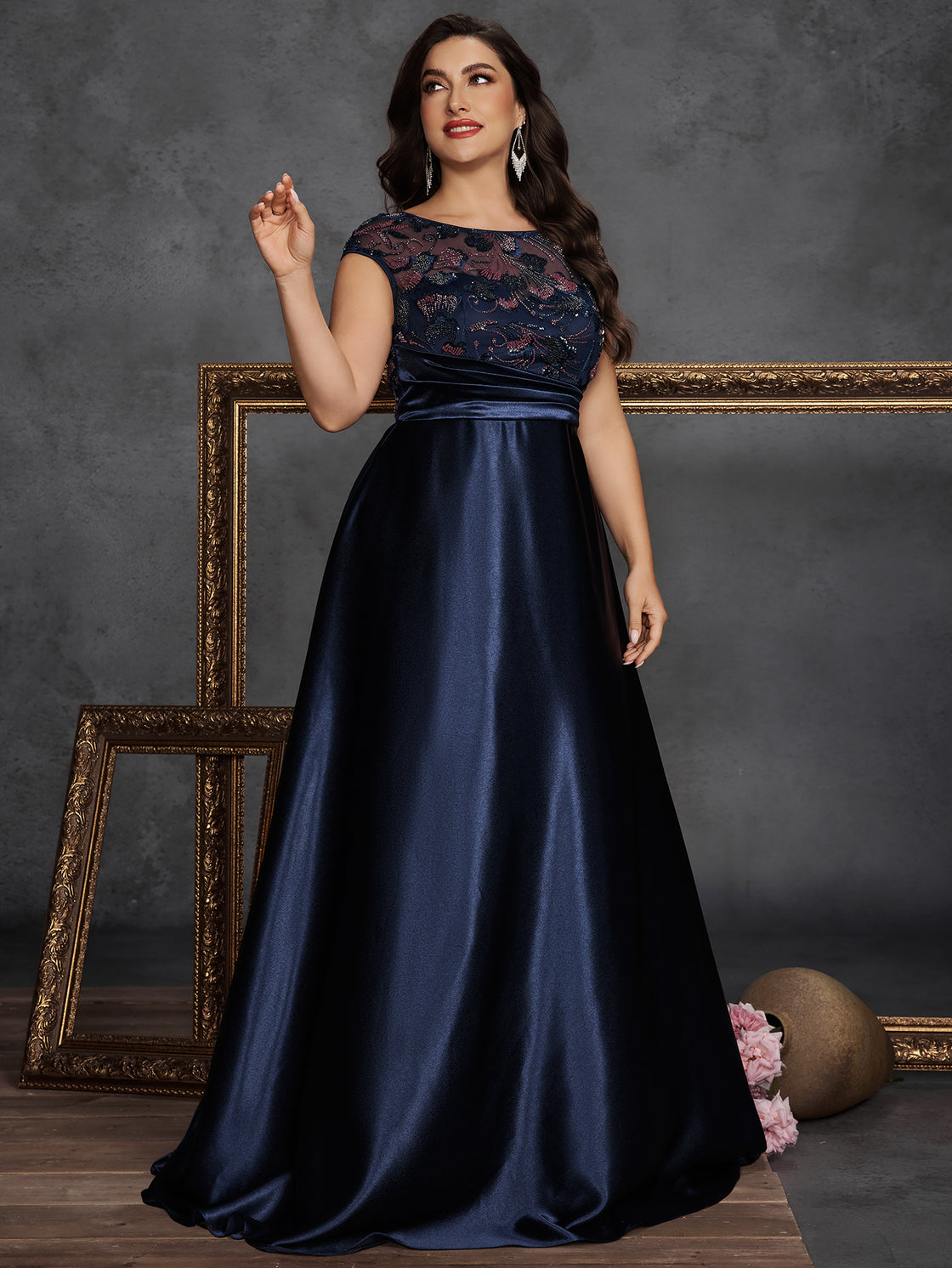 Spring and summer large-sized long elegant sequin patchwork satin round-neck sleeveless ball dress- BLUEPLUM Luxury | Blue Plum