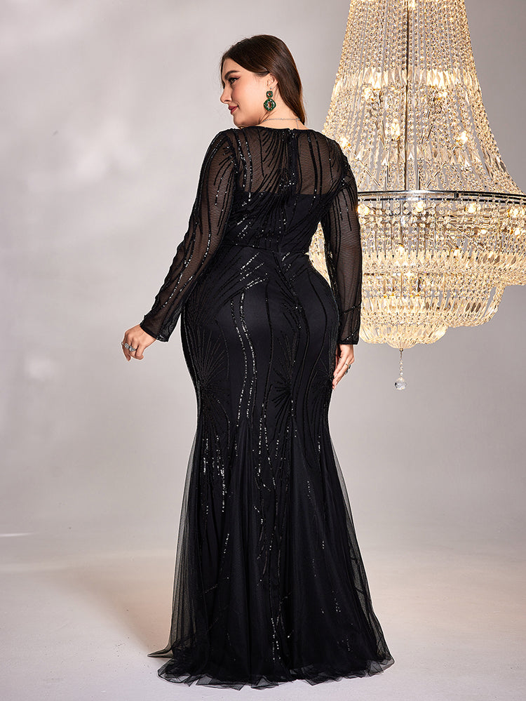 BluePlum Plus Size Elegant Long Sleeves Black Sequins Evening Dresses Women Luxury Mermaid Formal Party Maxi Prom Dress Gown | Blue Plum