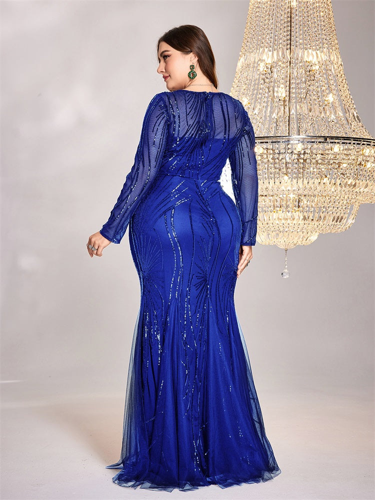 BluePlum Plus Size Elegant Long Sleeves Black Sequins Evening Dresses Women Luxury Mermaid Formal Party Maxi Prom Dress Gown | Blue Plum