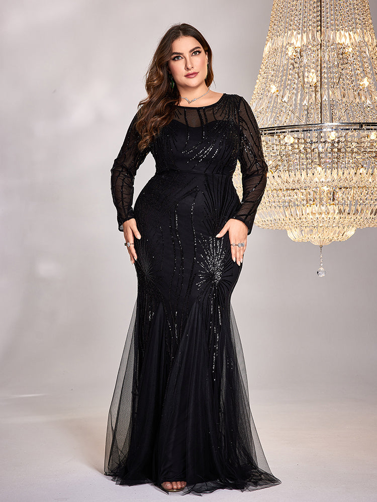 BluePlum Plus Size Elegant Long Sleeves Black Sequins Evening Dresses Women Luxury Mermaid Formal Party Maxi Prom Dress Gown | Blue Plum