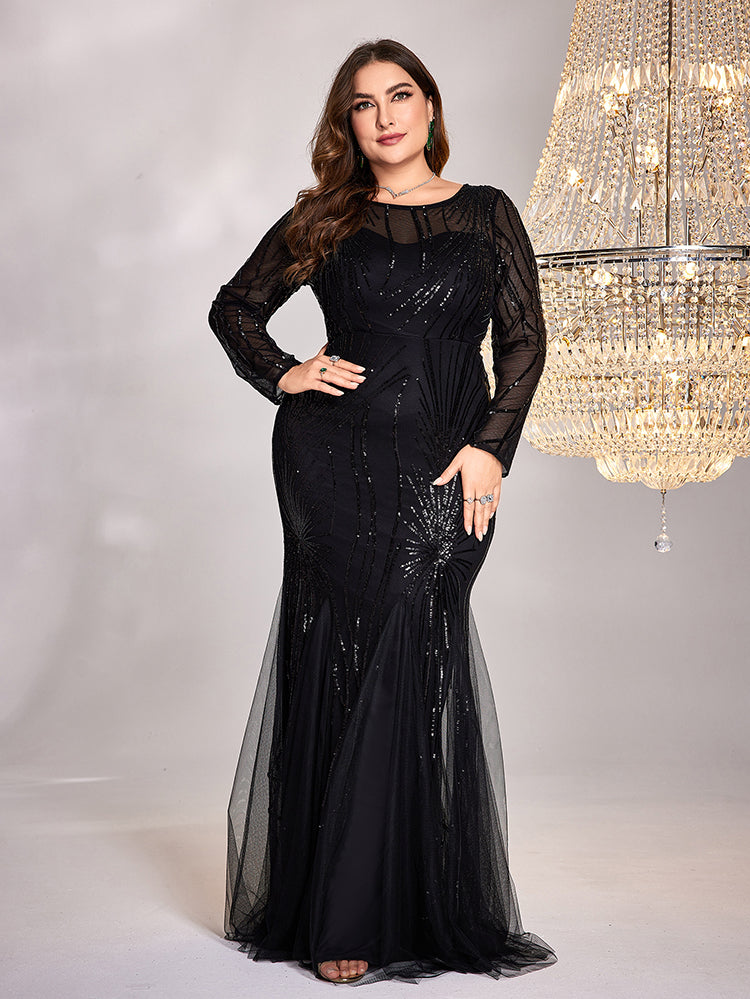 BluePlum Plus Size Elegant Long Sleeves Black Sequins Evening Dresses Women Luxury Mermaid Formal Party Maxi Prom Dress Gown | Blue Plum