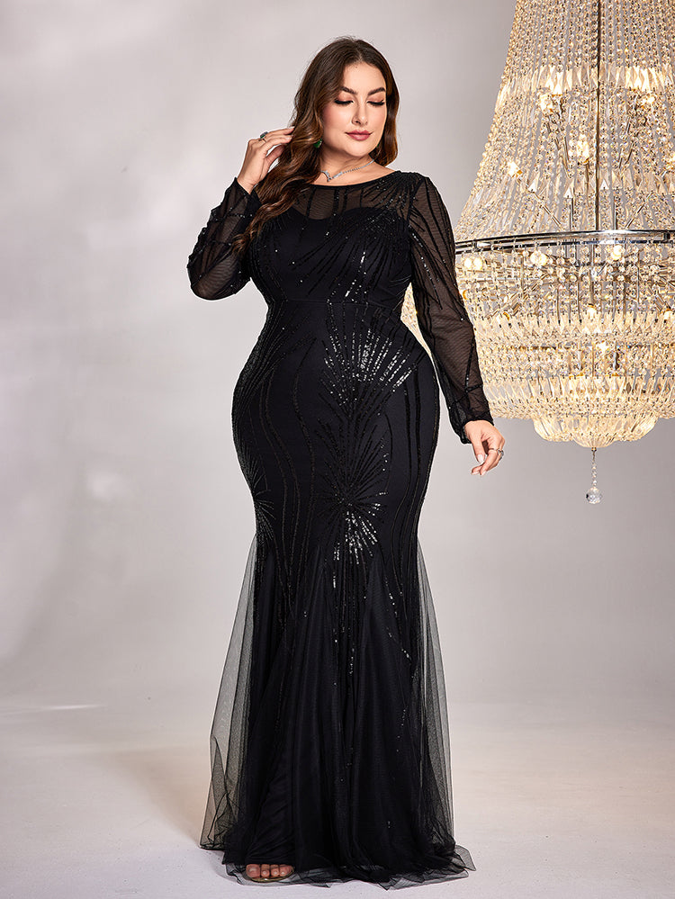 BluePlum Plus Size Elegant Long Sleeves Black Sequins Evening Dresses Women Luxury Mermaid Formal Party Maxi Prom Dress Gown | Blue Plum
