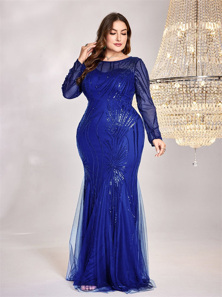 BluePlum Plus Size Elegant Long Sleeves Black Sequins Evening Dresses Women Luxury Mermaid Formal Party Maxi Prom Dress Gown | Blue Plum