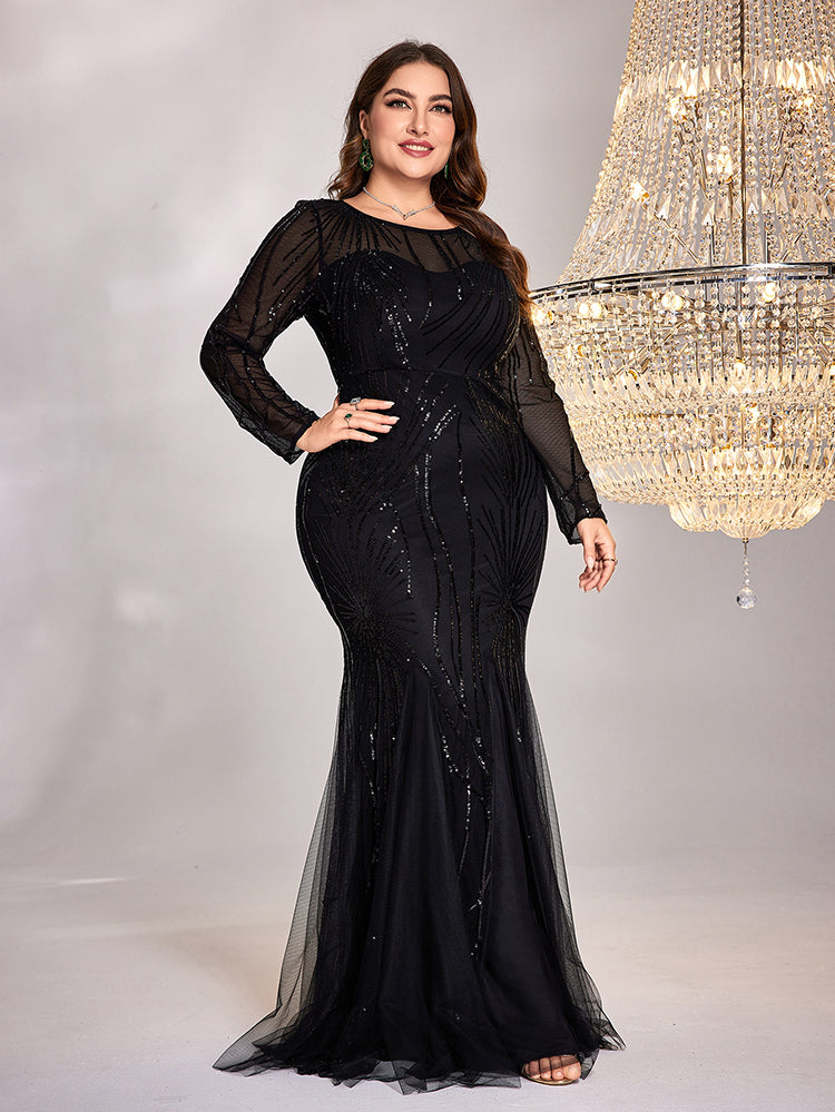 BluePlum Plus Size Elegant Long Sleeves Black Sequins Evening Dresses Women Luxury Mermaid Formal Party Maxi Prom Dress Gown | Blue Plum