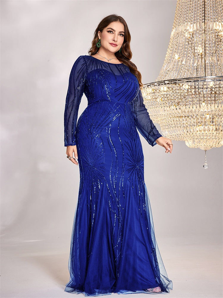 BluePlum Plus Size Elegant Long Sleeves Black Sequins Evening Dresses Women Luxury Mermaid Formal Party Maxi Prom Dress Gown | Blue Plum