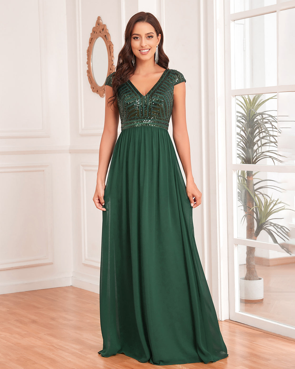 BluePlum Elegant Sequins Sleeveless Evening Dress Women 2024 V Neck Green Wedding Party Graduation Prom Chiffon Cocktail Gowns | Blue Plum