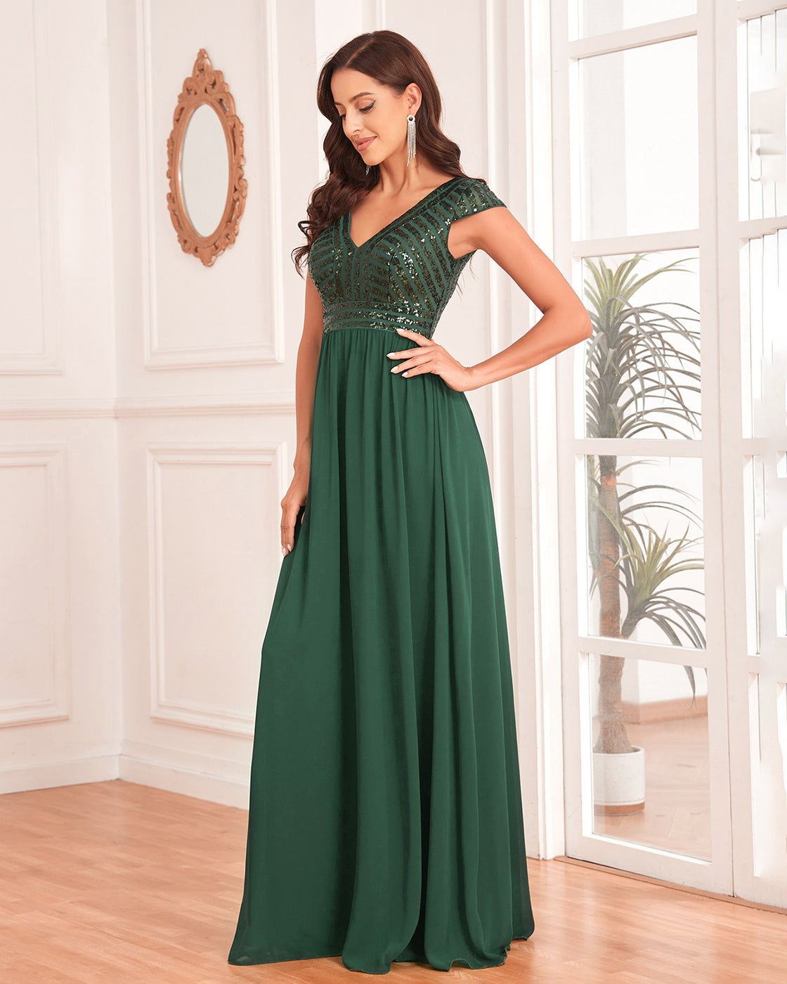 BluePlum Elegant Sequins Sleeveless Evening Dress Women 2024 V Neck Green Wedding Party Graduation Prom Chiffon Cocktail Gowns | Blue Plum