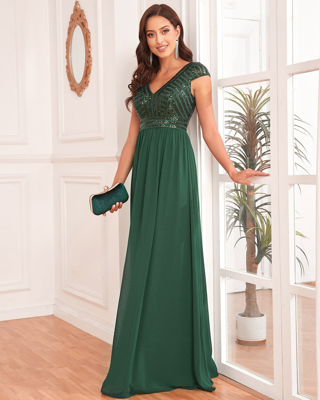 BluePlum Elegant Sequins Sleeveless Evening Dress Women 2024 V Neck Green Wedding Party Graduation Prom Chiffon Cocktail Gowns | Blue Plum