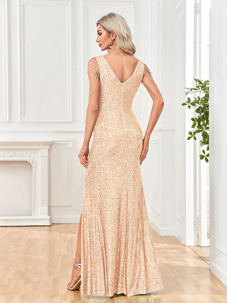 BluePlum Elegant V Neck Sequin Evening Dress Long 2025 New Women Mermaid Formal Dress Party Gown Bodycon Maxi Prom Beading Dress | Blue Plum