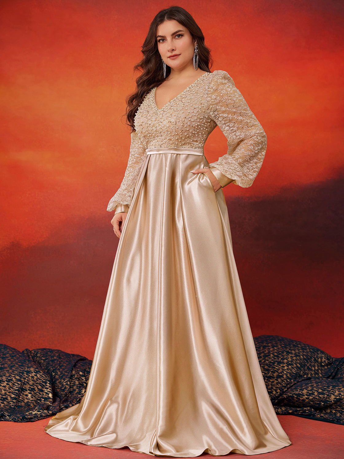 BluePlum Plus Size Gold Sequins V-Neck Evening Dress | Blue Plum