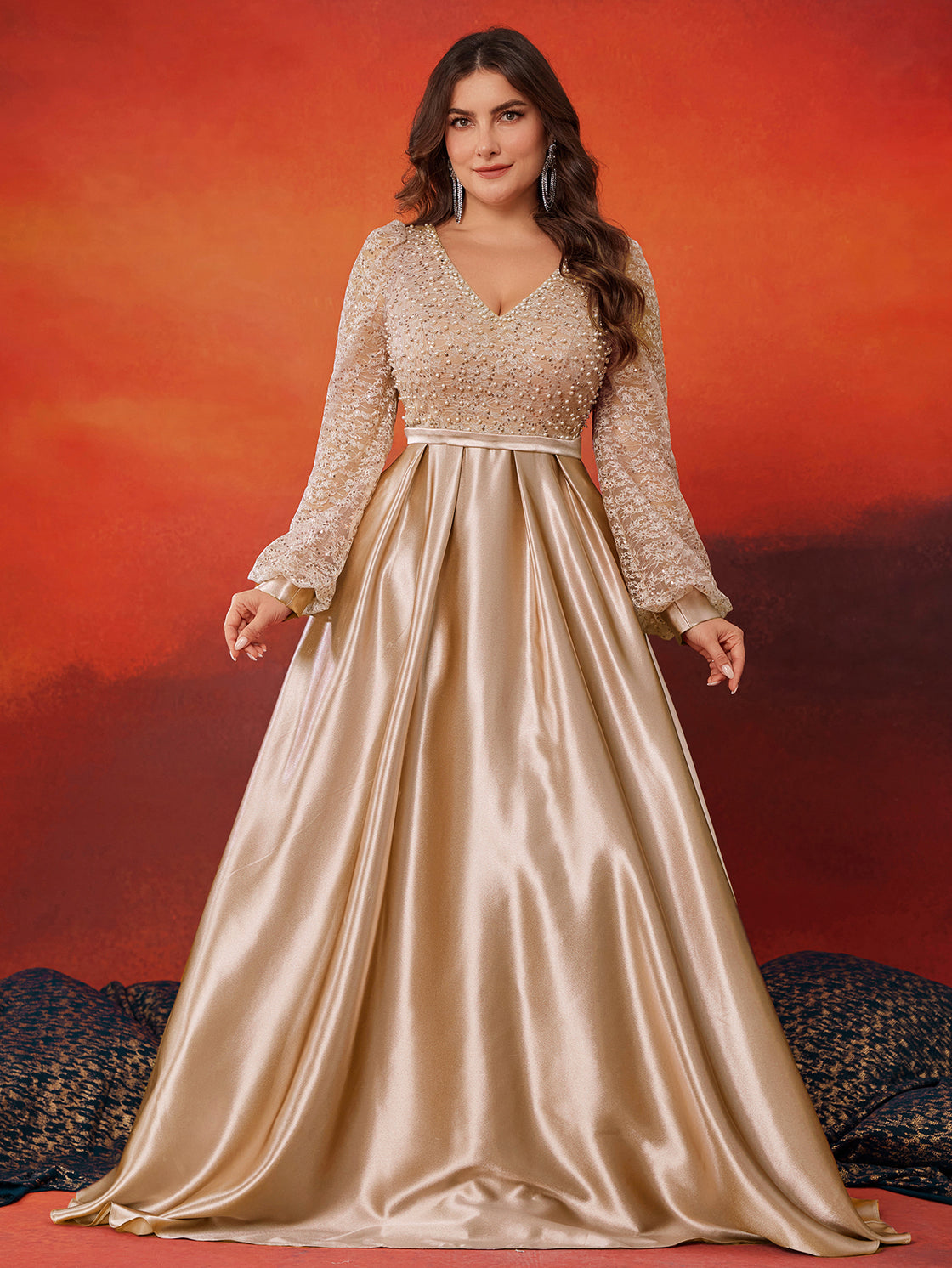 BluePlum Plus Size Gold Sequins V-Neck Evening Dress | Blue Plum