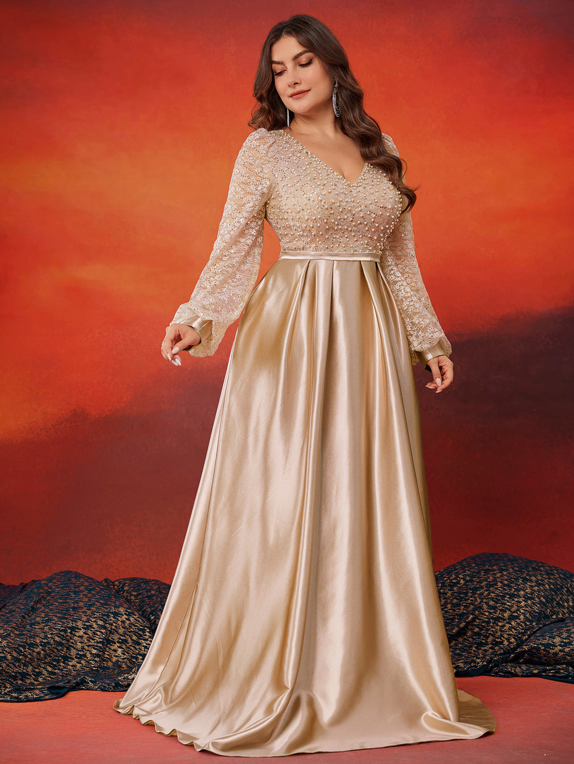 BluePlum Plus Size Gold Sequins V-Neck Evening Dress | Blue Plum