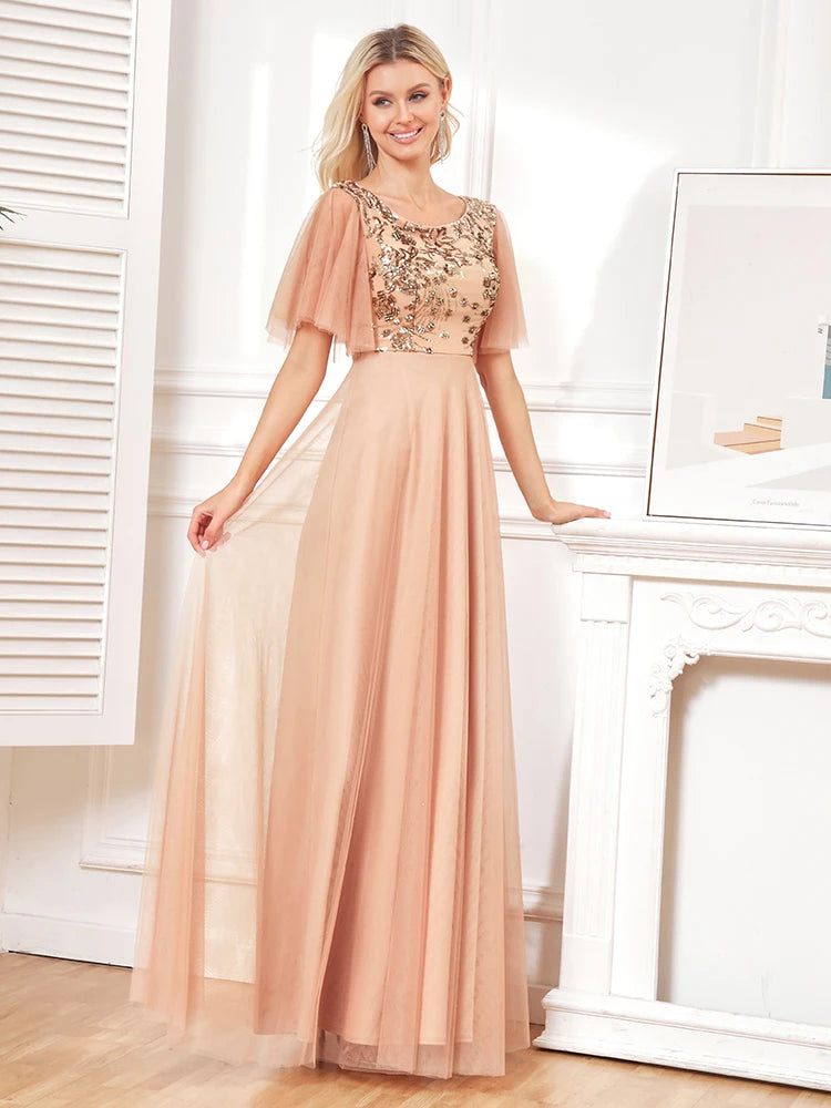 BluePlum Luxury Gold Sequins Formal Evening Dress elegant Wedding Party Prom Long Dress 2024 Women Tulle Short Sleevess Gowns | Blue Plum - Blue Plum