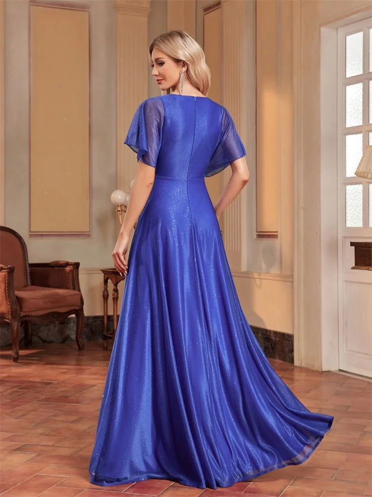 BluePlum Elegant Royal Shining Applique V-neck Formal Evening Dress 2024 Women Short Sleeves Mermaid Wedding Party Long Dresses | Blue Plum - Blue Plum