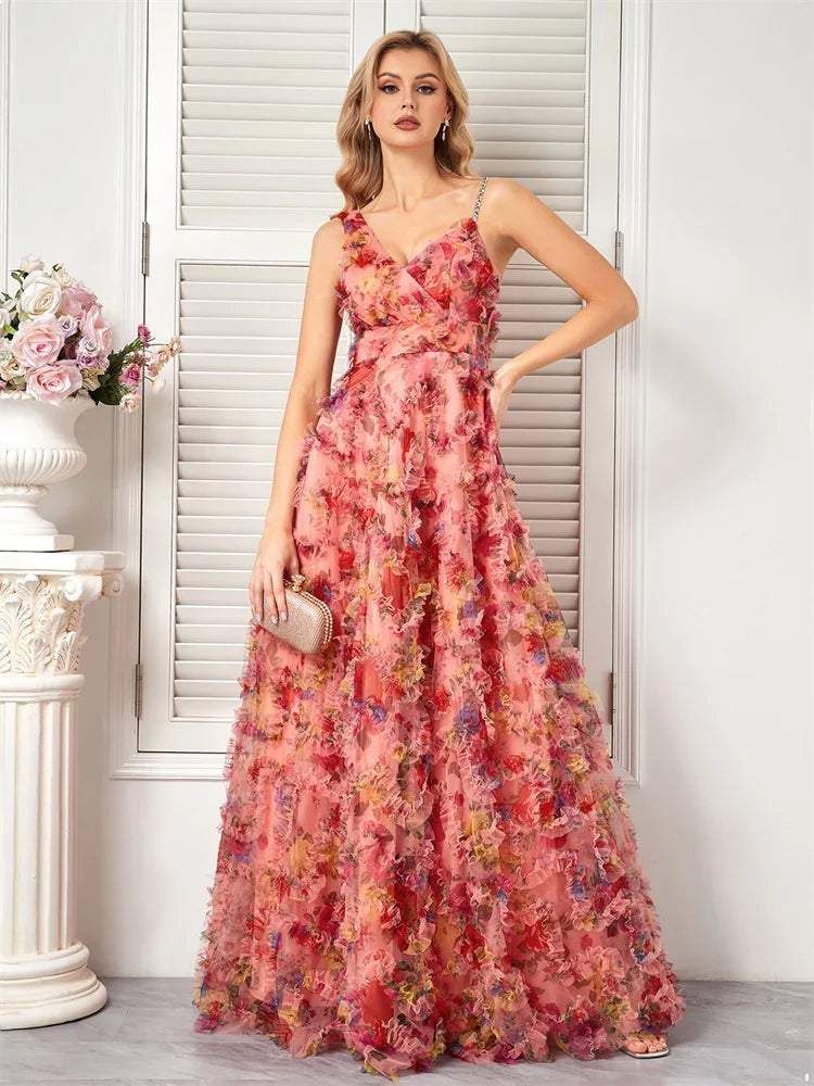 BluePlum Luxury Fashion Floral V-Neck Evening Dress Women Elegant Tulle Bridesmaid Wedding Party Prom Floor Lenght Cocktail Gowns | Blue Plum - Blue Plum