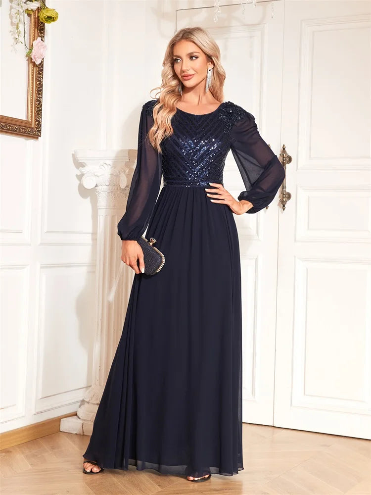 BluePlum Elegant V-Back Sequin Formal Evening Dress Long Sleeve Floor-Length Luxury 2024 Chiffon Wedding Party Prom Cocktail Dress | Blue Plum - Blue Plum
