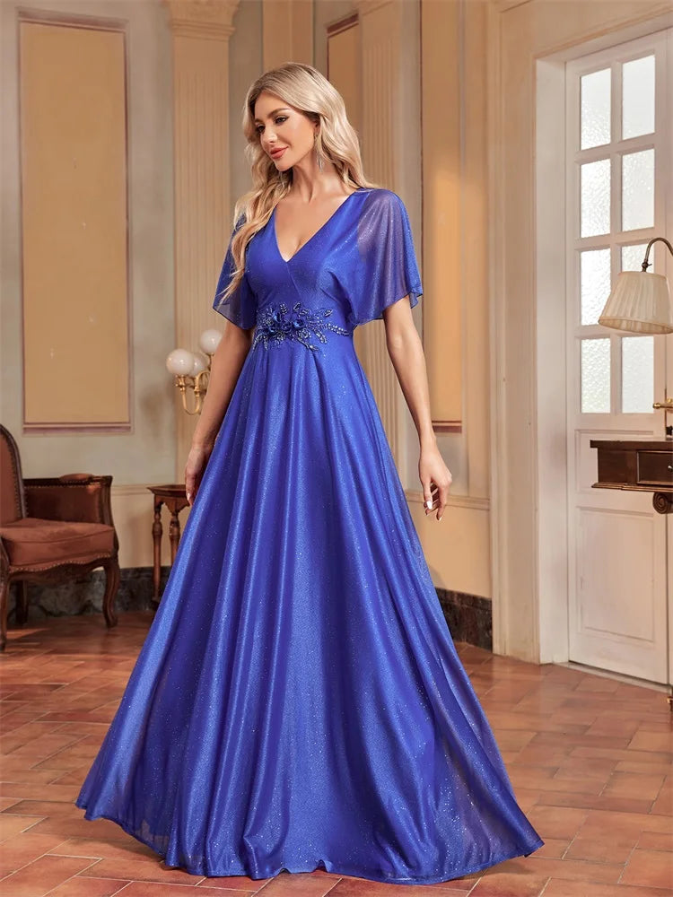 BluePlum Elegant Royal Shining Applique V-neck Formal Evening Dress 2024 Women Short Sleeves Mermaid Wedding Party Long Dresses | Blue Plum - Blue Plum