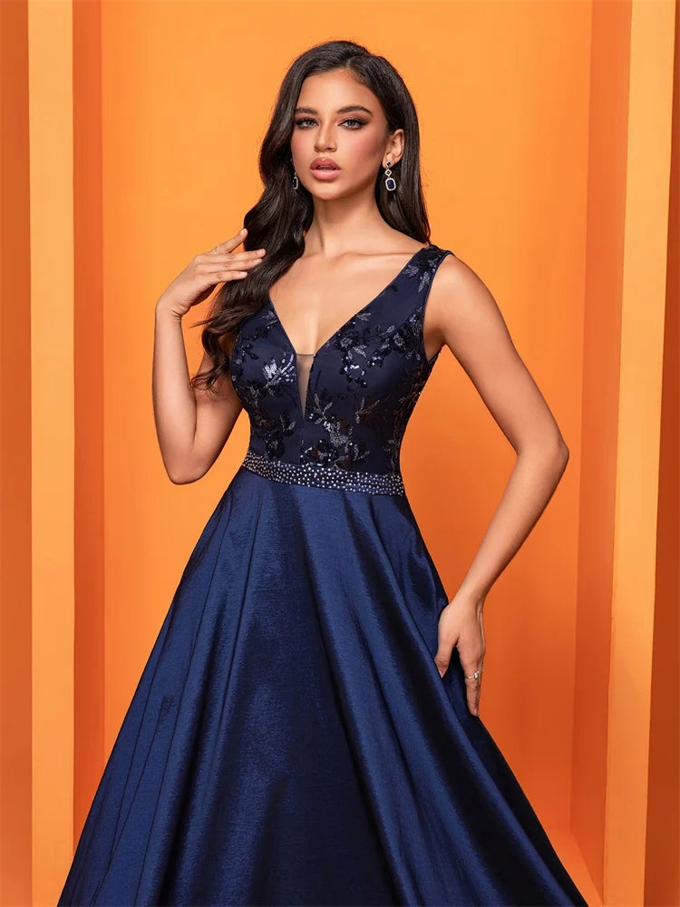 Luxury Sexy Deep V-Neck Sequins Blue Evening Dress Women Elegant V-back Satin Party Long Prom Cocktail Dress | Blue Plum - Blue Plum
