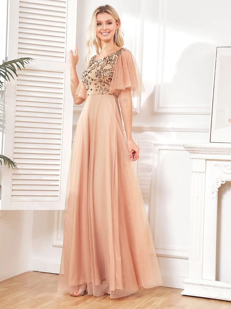 BluePlum Luxury Gold Sequins Formal Evening Dress elegant Wedding Party Prom Long Dress 2024 Women Tulle Short Sleevess Gowns | Blue Plum - Blue Plum