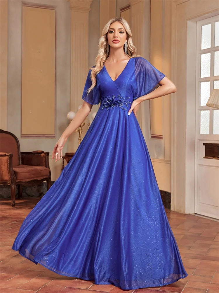 BluePlum Elegant Royal Shining Applique V-neck Formal Evening Dress 2024 Women Short Sleeves Mermaid Wedding Party Long Dresses | Blue Plum - Blue Plum