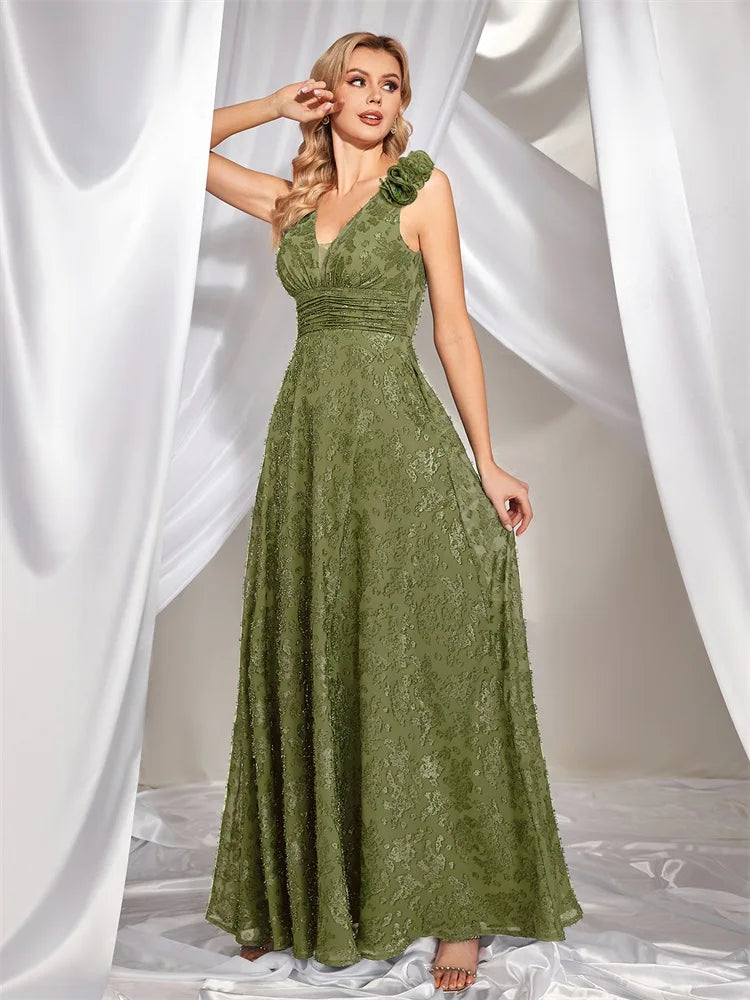 BluePlum Elegant V Neck Green Floral Evening Dress Long 2024 Luxury Women Chiffon Sleevesless Party Dress Prom Cocktail Dress | Blue Plum - Blue Plum