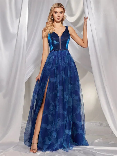 BluePlum Luxury Sexy V-Back Sleeveless Royal Blue Evening Dress 2024 Women Elegant Slit Wedding Party Long Prom Cocktail Dresses | Blue Plum - Blue Plum