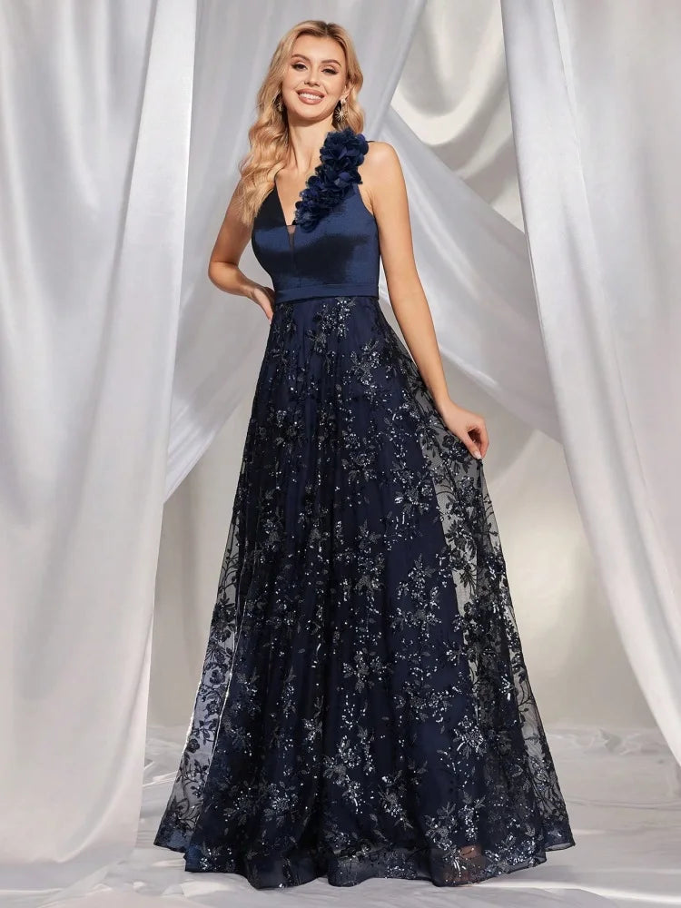 BluePlum Elegant V Neck Blue Floral Sequin Evening Dress Long 2024 Luxury Women Satin Sleevesless Party Dress Prom Cocktail Dress | Blue Plum - Blue Plum