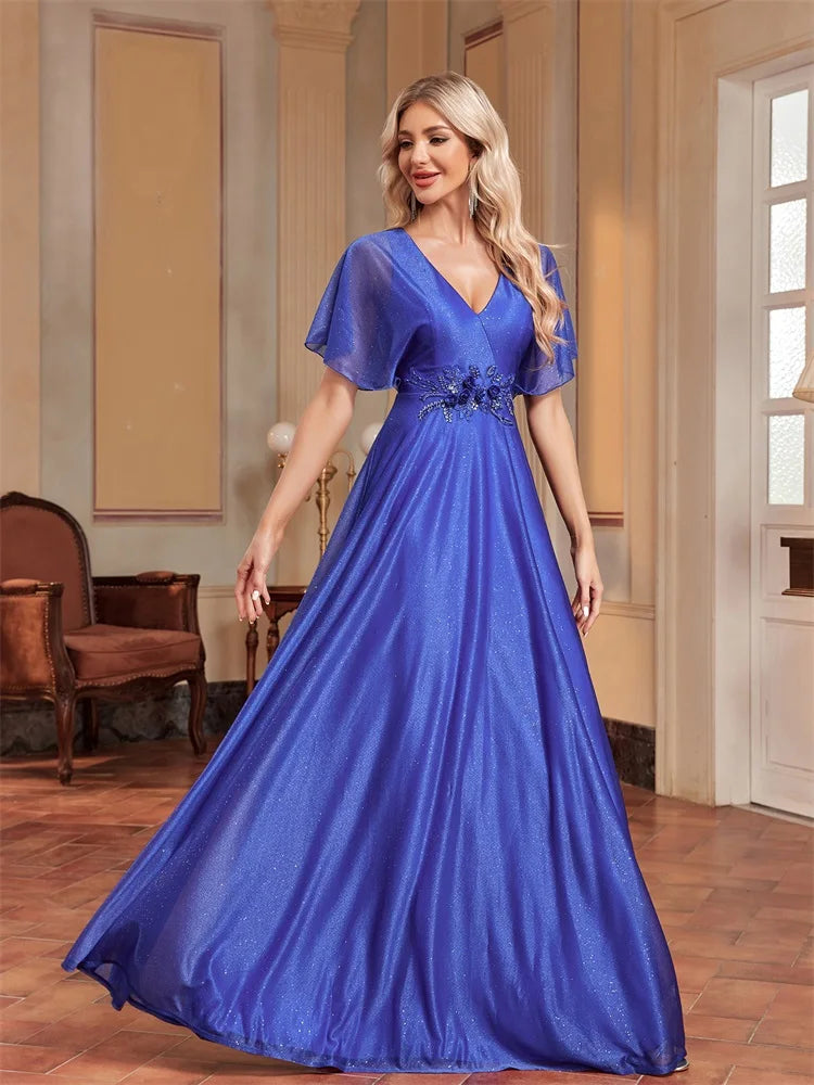 BluePlum Elegant Royal Shining Applique V-neck Formal Evening Dress 2024 Women Short Sleeves Mermaid Wedding Party Long Dresses | Blue Plum - Blue Plum