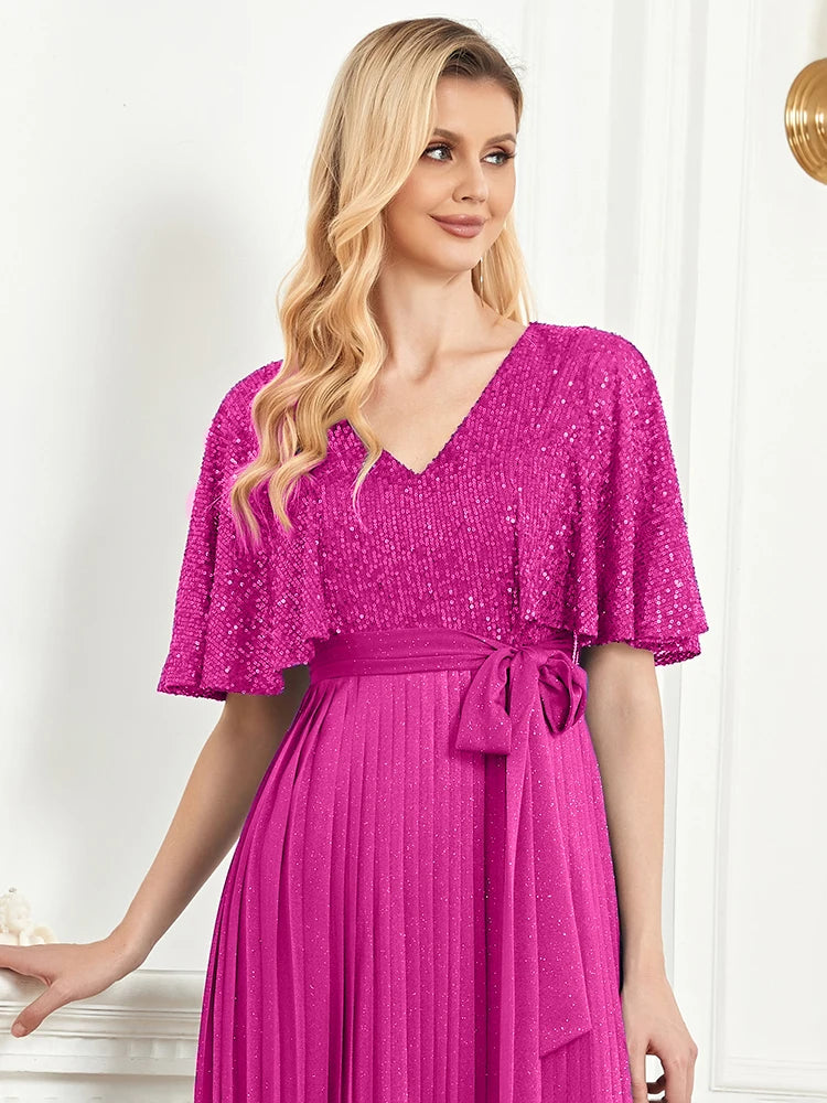 BluePlum Elegant Red Floor Lenght Evening Dress Flared Short Sleeve Sequin Formal Dress V-neck Women Bridesmaid Party Long Gowns | Blue Plum - Blue Plum