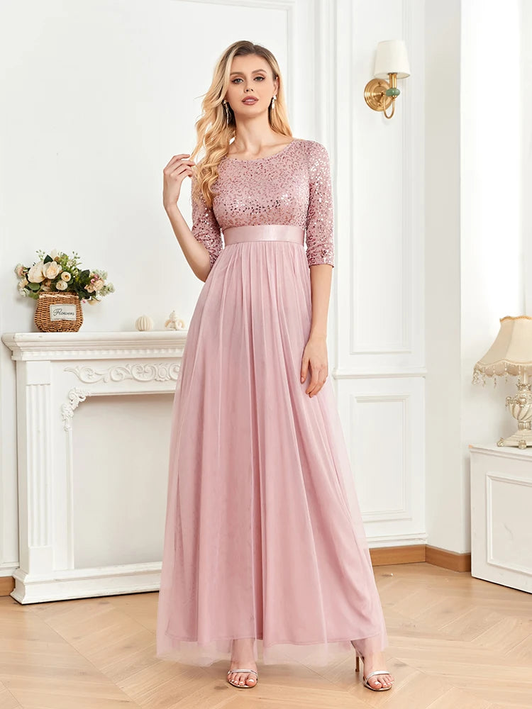 BluePlum Elegant Chiffon Evening Dress Luxury 2025 Long Short Sleeve Wedding Party Dress Women Sequin Wedding Party Cocktail Prom | Blue Plum - Blue Plum