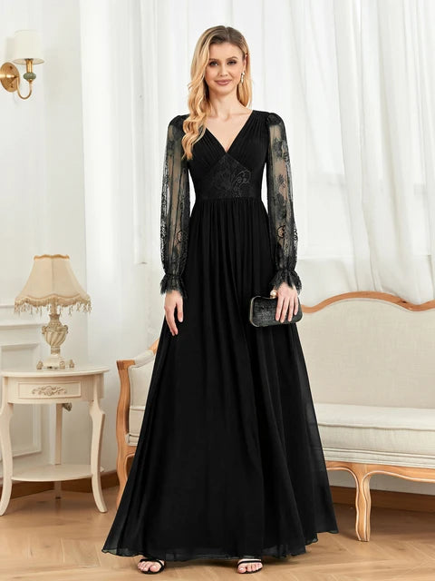 BluePlum Elegant Long Sleeves Tulle Embroidery Evening Dress 2025 Women Chiffon Slit Bridesmaid Wedding Party Dress Formal Prom | Blue Plum - Blue Plum