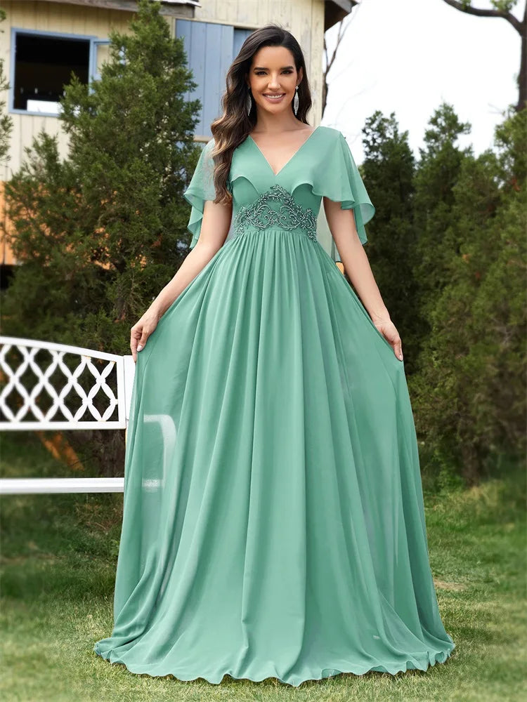 BluePlum Elegant Chiffon Short sleeve Formal Evening Dresses Long 2024 Luxury Women Bridesmaid Party Dress Cocktail Prom Gowns | Blue Plum - Blue Plum