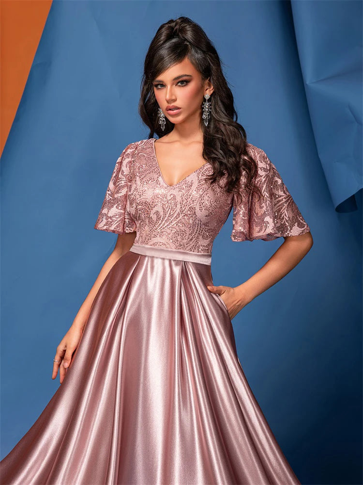 BluePlum Elegant Short Sleeve Pink Satin Formal Evening Dress Luxury Long Women Mermaid Wedding Party Dress Cocktail Prom | Blue Plum - Blue Plum